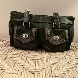 Medium black leather shoulder bag with silver hardware and neutral stitching.